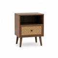 Comodino rettangolare 45 x 35 x 55 cm in MDF noce e rattan naturale con cassetto