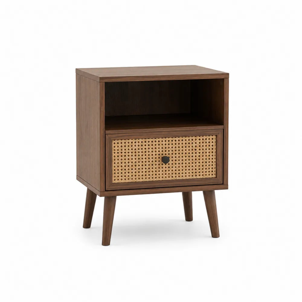Comodino rettangolare 45 x 35 x 55 cm in MDF noce e rattan naturale con cassetto