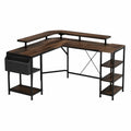 Scrivania angolare a L con ripiano monitor e scaffali in pannello truciolare effetto legno scuro e struttura in acciaio nero 150 cm x 120 cm x 85 cm