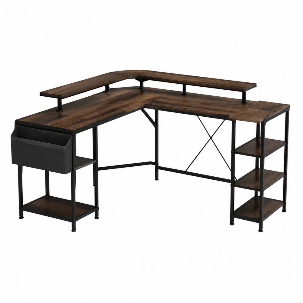 Scrivania angolare a L con ripiano monitor e scaffali in pannello truciolare effetto legno scuro e struttura in acciaio nero 150 cm x 120 cm x 85 cm