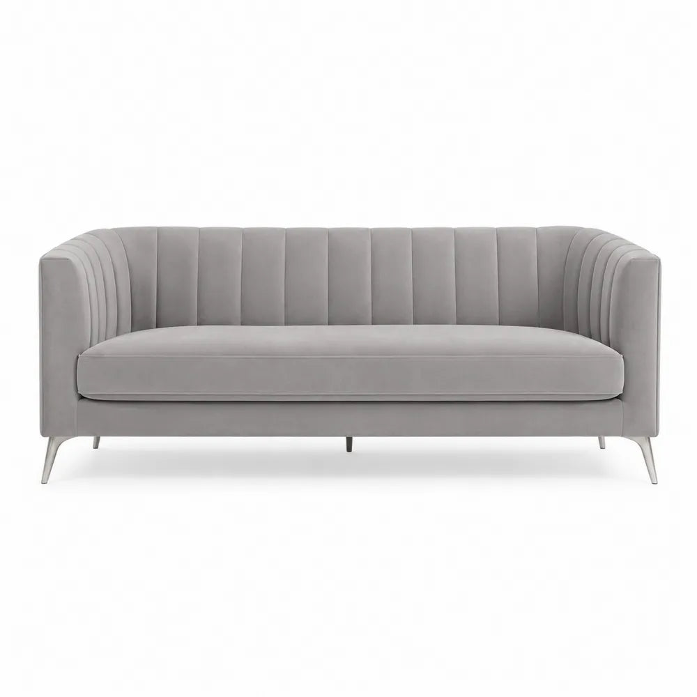 Divano 3 posti in tessuto effetto velluto grigio chiaro con schienale a canali e gambe in metallo 200 cm x 85 cm x 80 cm