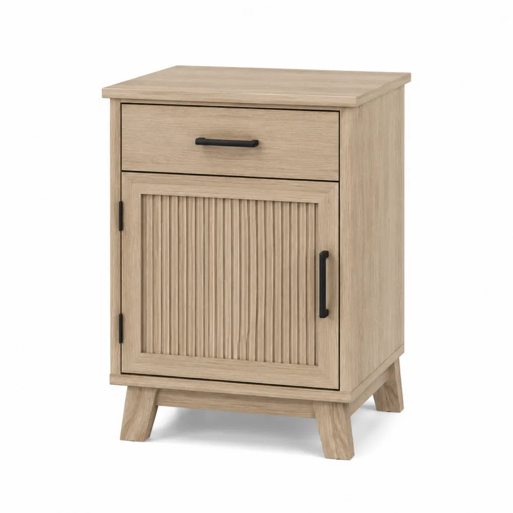 Comodino 45 x 40 x 60 cm con cassetto e anta in MDF effetto rovere gambe in legno massello colore rovere nero