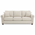 Divano 3 posti 210 cm x 90 cm x 85 cm in tessuto poliestere beige con braccioli con borchie metalliche e struttura in legno