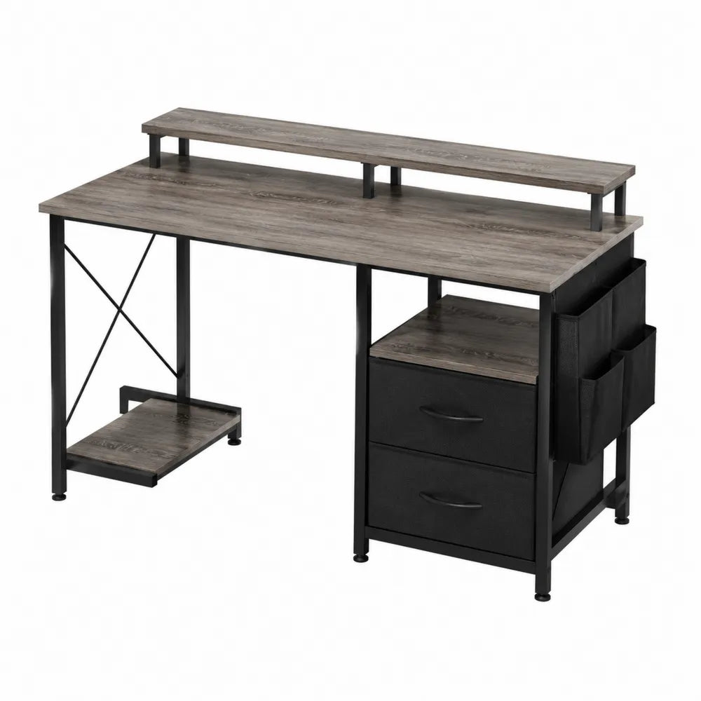 Scrivania rettangolare da interno in pannello truciolare effetto legno grigio e acciaio nero con ripiano monitor 2 cassetti e tasca laterale 140 x 55 x 85 cm