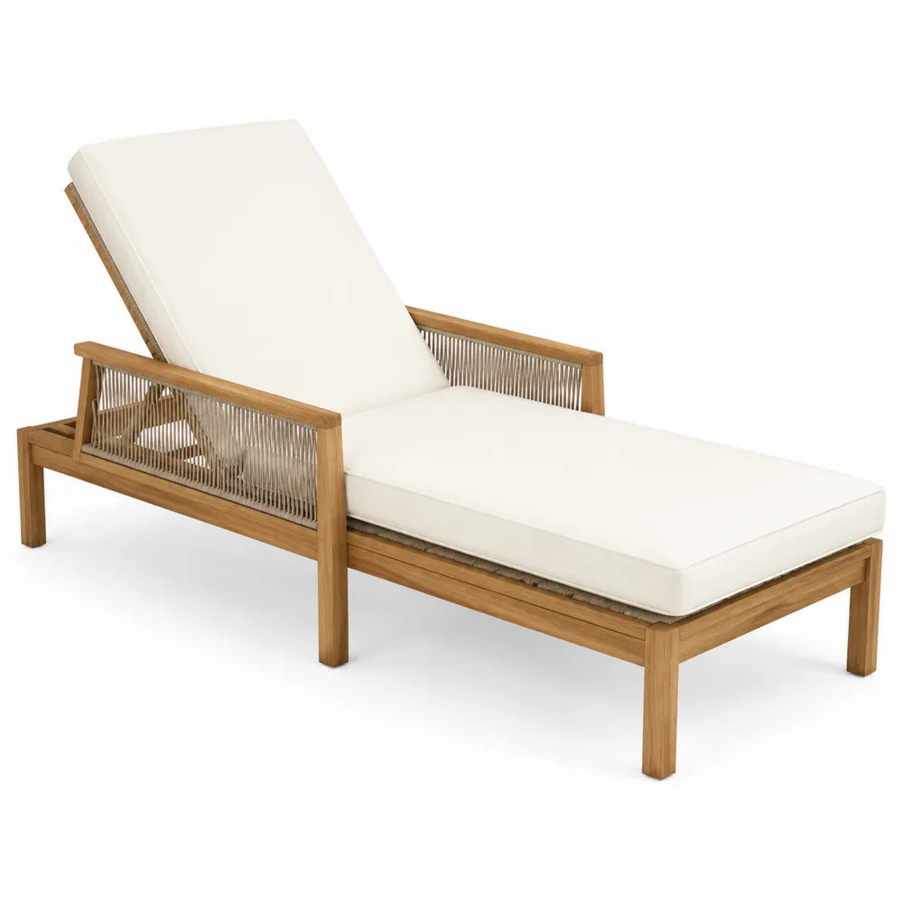 Lettino da giardino chaise longue reclinabile in legno massello di acacia con corda PP e cuscino beige naturale 200 x 70 x 75 cm