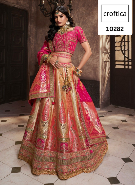 Croftica Fashion Royal Gold And Pink Colour Banarasi Silk Designer Lehenga Choli Unstiched