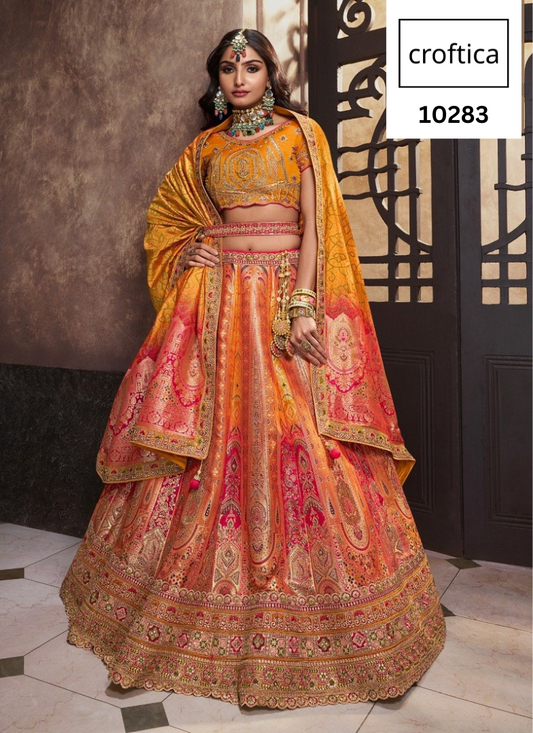 Croftica Fashion Royal Yellow Multi Colour Banarasi Silk Designer Lehenga Choli Unstiched