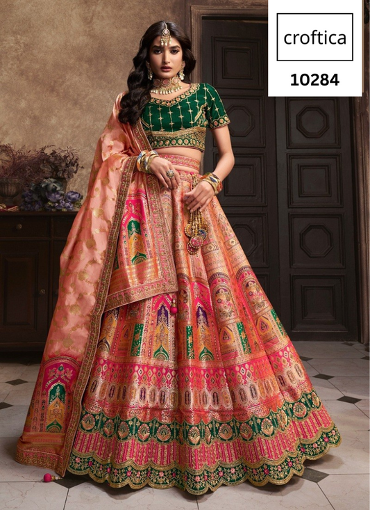 Croftica Fashion Royal Peach Multi Colour Banarasi Silk Designer Lehenga Choli Unstiched