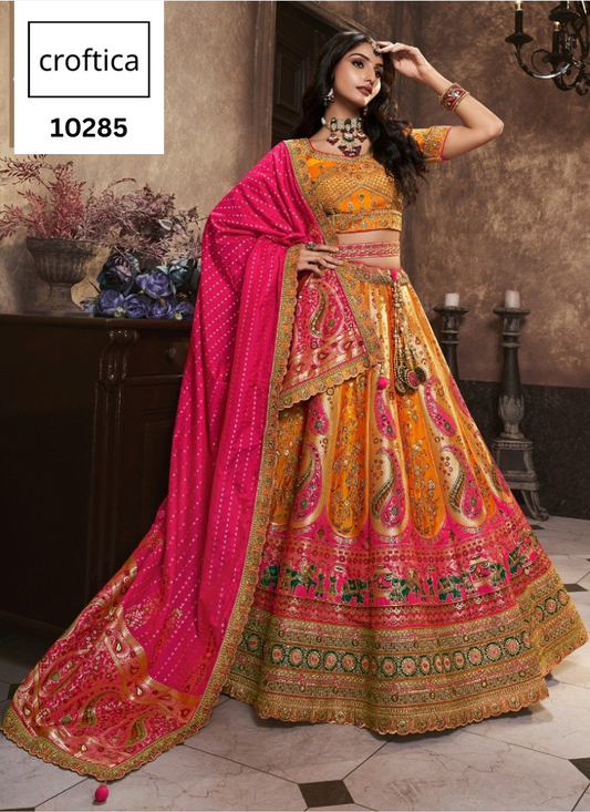 Croftica Fashion Royal Yellow And Pink Colour Banarasi Silk Designer Lehenga Choli Unstiched