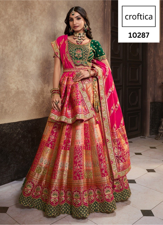 Croftica Fashion Royal Pink And Green Multi Colour Banarasi Silk Designer Lehenga Choli Unstiched