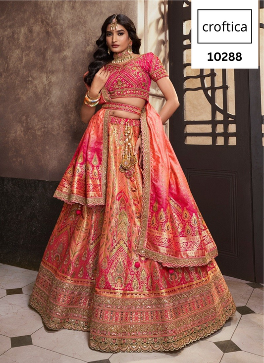 Croftica Fashion Royal Peach And Pink Colour Banarasi Silk Designer Lehenga Choli Unstiched