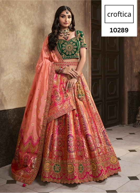 Croftica Fashion Royal Peach And Green Multi Colour Banarasi Silk Designer Lehenga Choli Unstiched