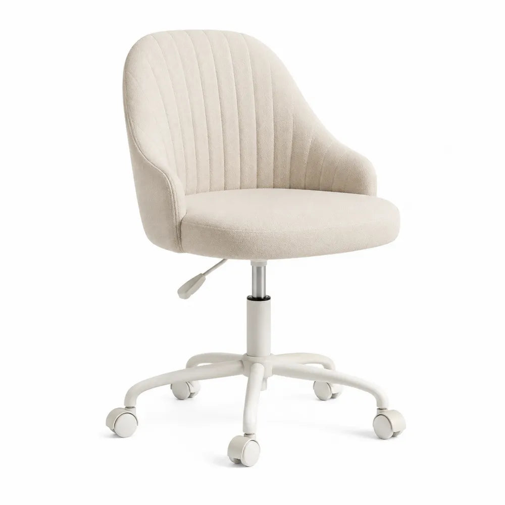Sedia da ufficio girevole regolabile in altezza con rotelle rivestimento in tessuto bouclé beige base bianca 55 x 55 x 78-88 cm
