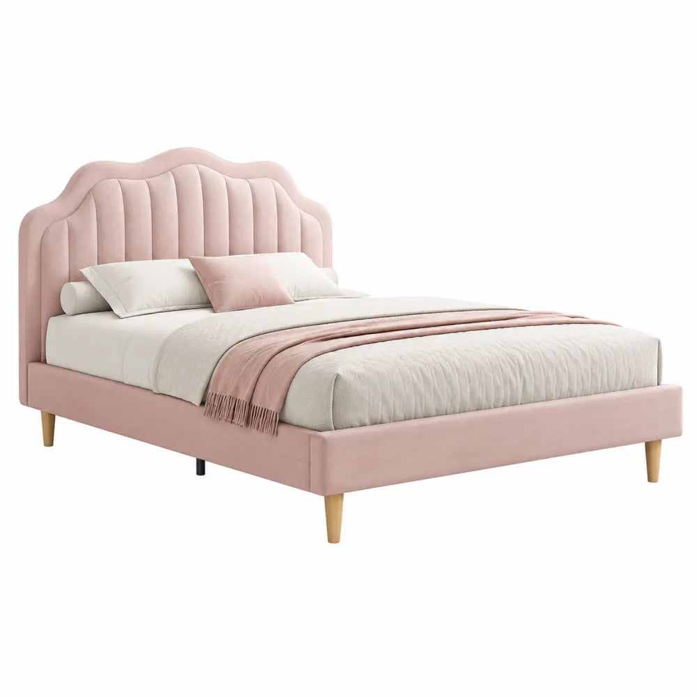 Letto matrimoniale imbottito 160 x 200 cm con testiera sagomata a pannelli verticali rivestimento in tessuto velluto rosa chiaro gambe in legno