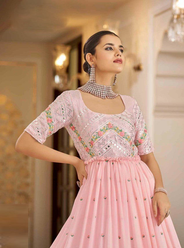 Semi-Stitched Stylish Pink Floral Embroidered Georgette Long Gown