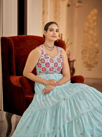 Semi-Stitched Stylish Sky Blue Floral Embroidered Georgette Long Gown