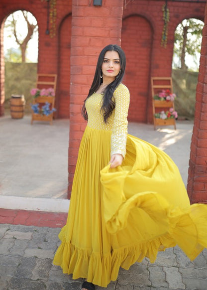 Stylish Yellow Colour Sequins With Embroidered Work Faux Georgette Long Gown