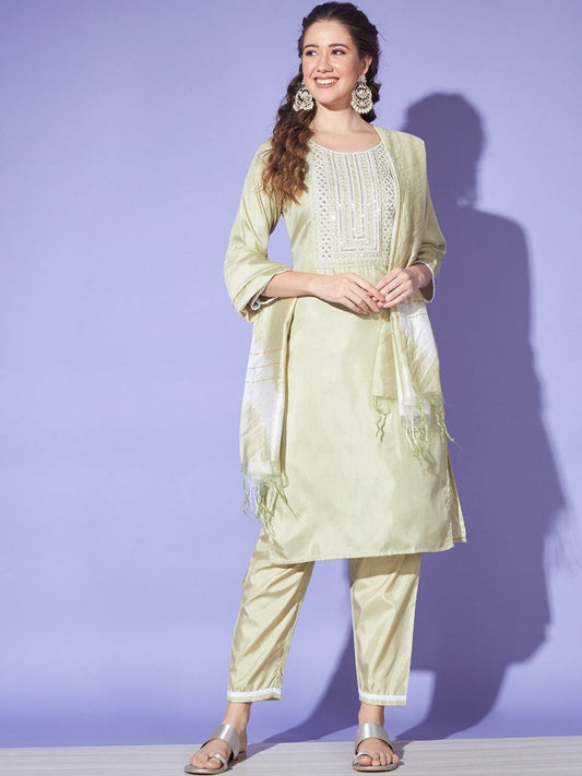 Women's Green Colour South Silk Kurta Pant With Dupatta Set