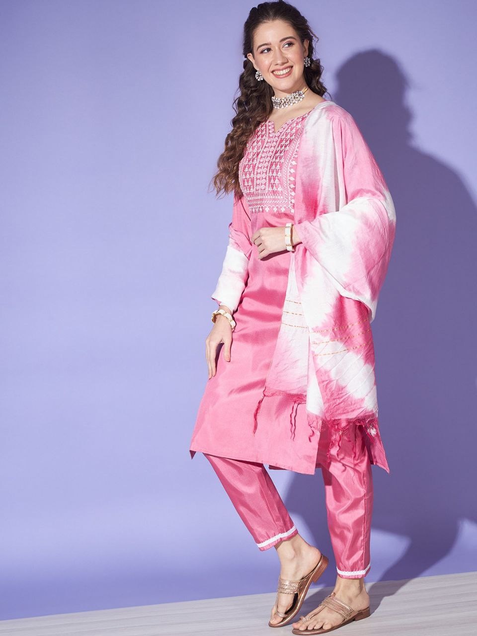Women's Pink Colour South Silk Kurta Pant With Dupatta Set