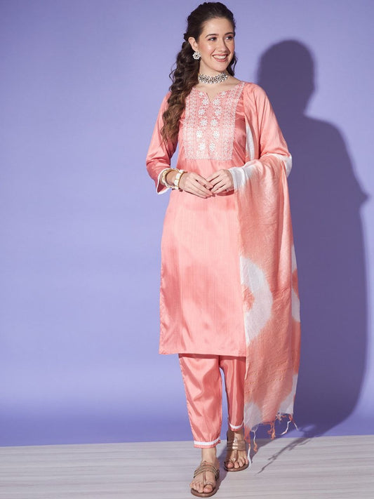 Women's Peach Colour South Silk Kurta Pant With Dupatta Set