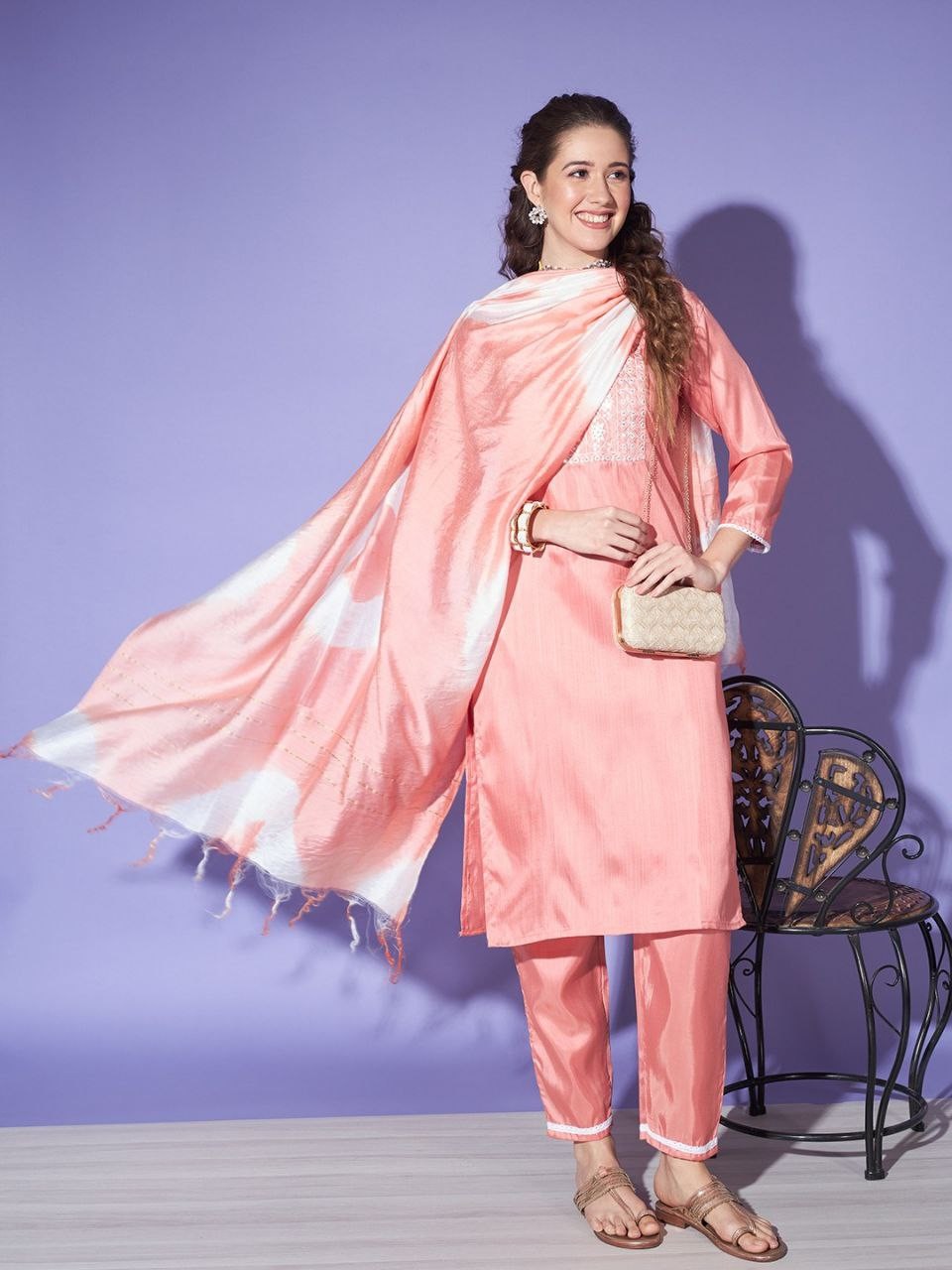 Women's Peach Colour South Silk Kurta Pant With Dupatta Set