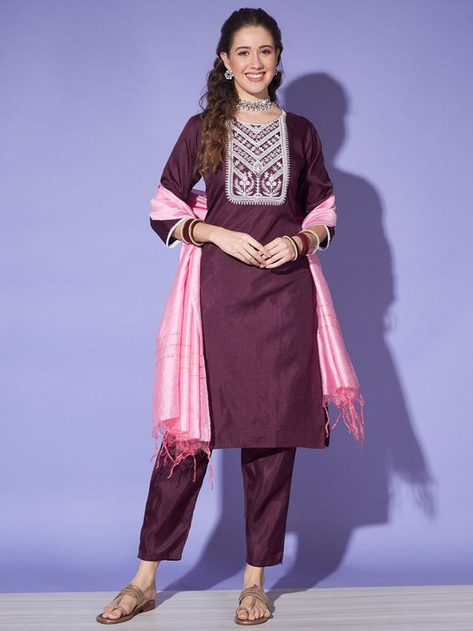 Women's Wine Colour South Silk Kurta Pant With Dupatta Set