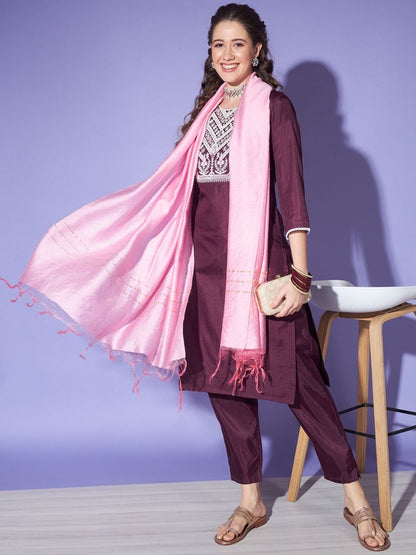 Women's Wine Colour South Silk Kurta Pant With Dupatta Set