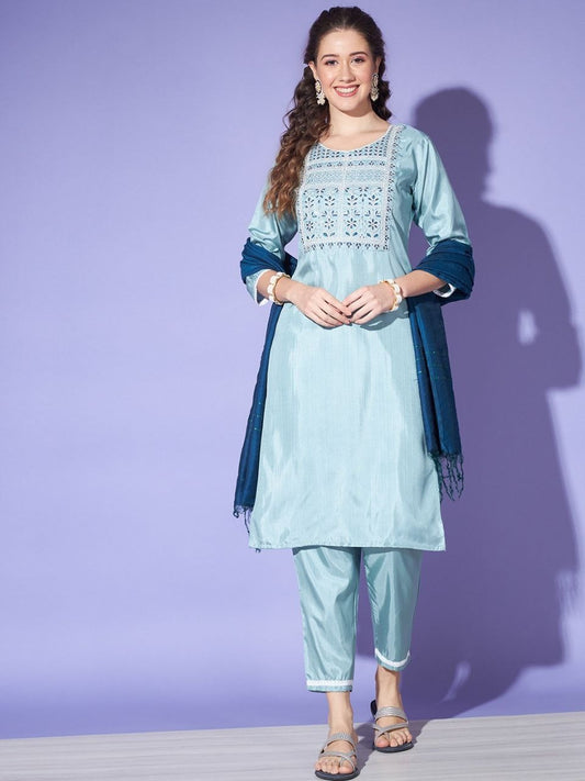 Women's Blue Colour South Silk Kurta Pant With Dupatta Set