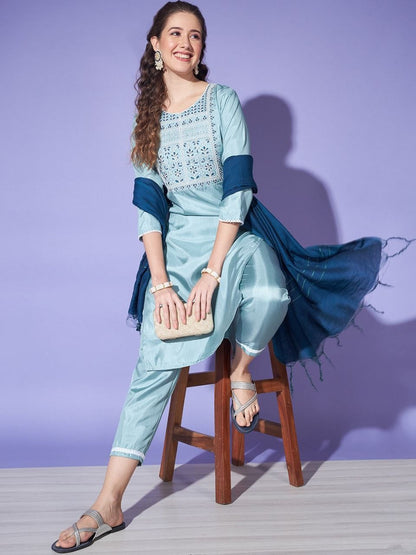 Women's Blue Colour South Silk Kurta Pant With Dupatta Set
