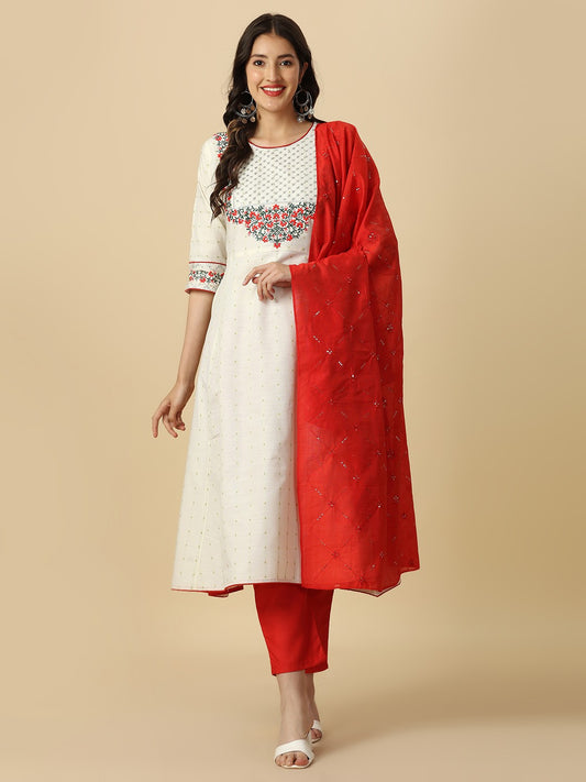 White Colour Pure Cotton Embroidery With Sequins Kurta Pant Dupatta Set For Women's