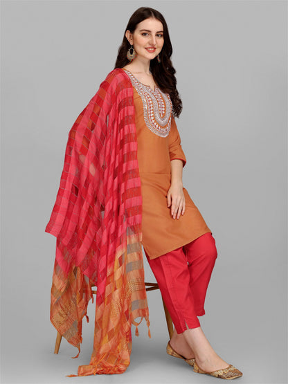 Musterd Colour Slub Cotton Embroidery Kurta Pant Dupatta Set For Women's