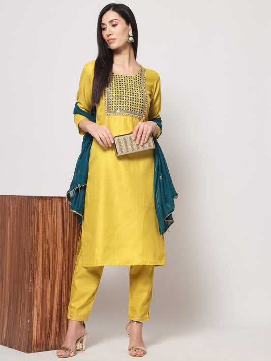 Lemon Colour Cotton Embrodared Casual Wear Kurta Pant Dupatta Set For Women's