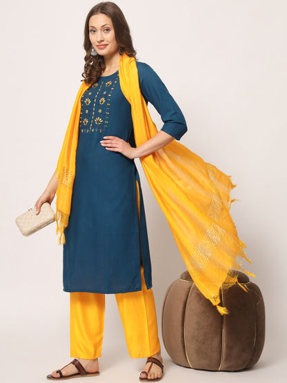 Blue Colour Reyon Embroidery With Mirror Casual Wear Kurta Pant Dupatta Set For Women's
