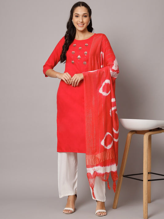 Pink Colour Reyon Embroidery With Mirror Casual Wear Kurta Pant Dupatta Set For Women's