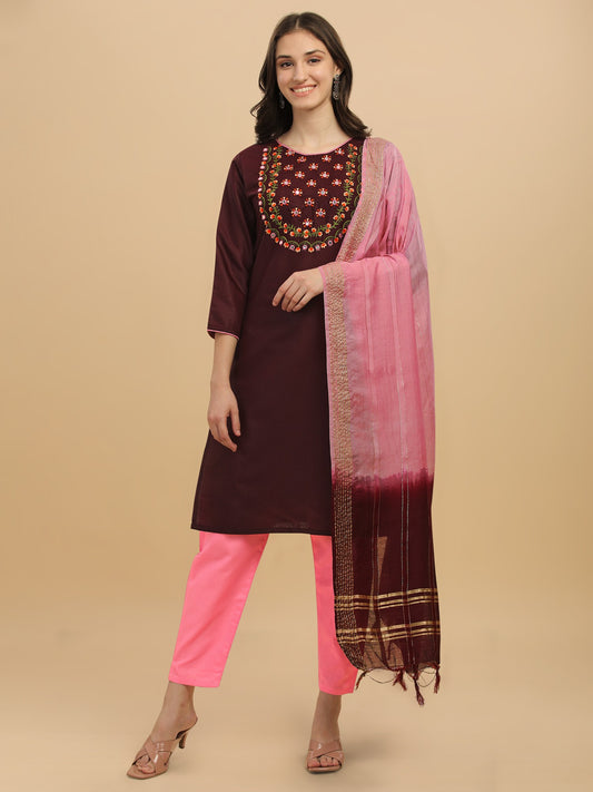 Wine Colour Slub Cotton Embroidery Casual Wear Kurta Pant Dupatta Set For Women's