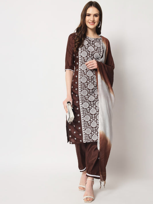 Coffee Colour South Silk Embroidery Work Casual Wear Kurta Pant Dupatta Set For Women's