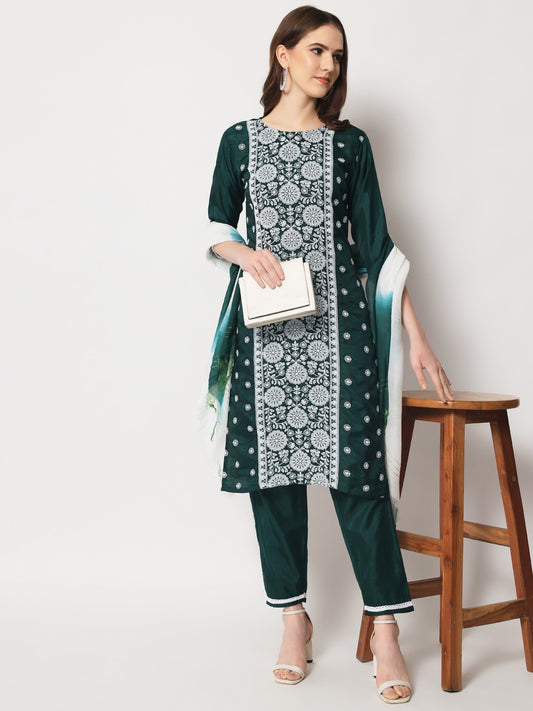 Green Colour South Silk Embroidery Work Casual Wear Kurta Pant Dupatta Set For Women's