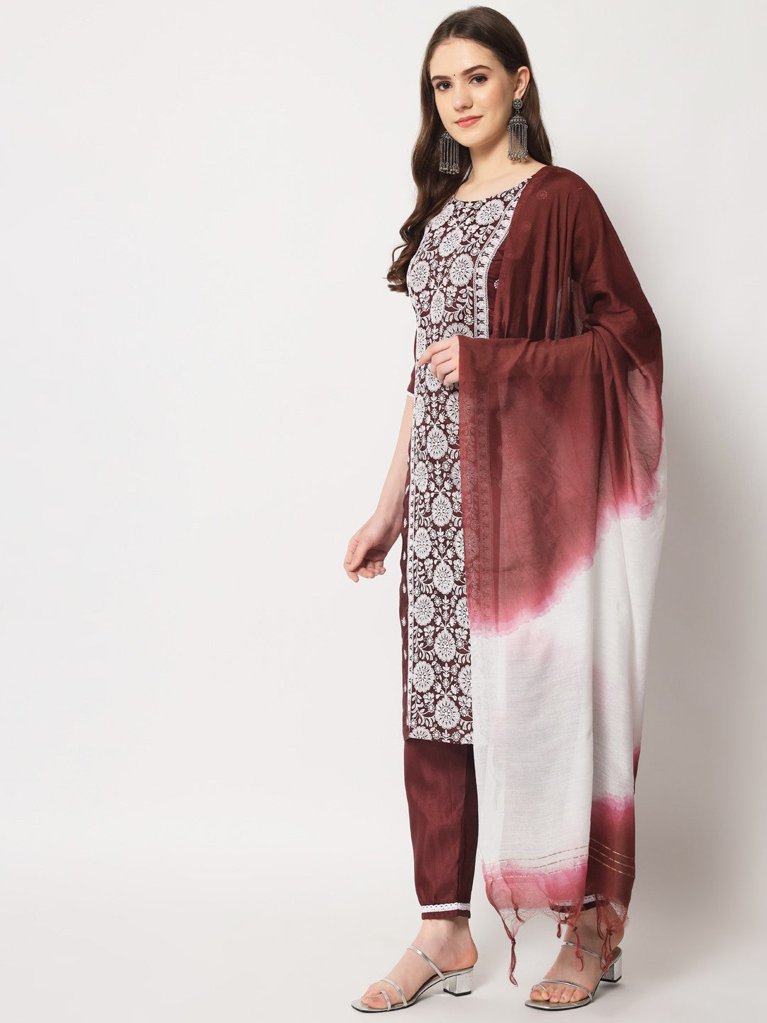 Maroon Colour South Silk Embroidery Work Casual Wear Kurta Pant Dupatta Set For Women's