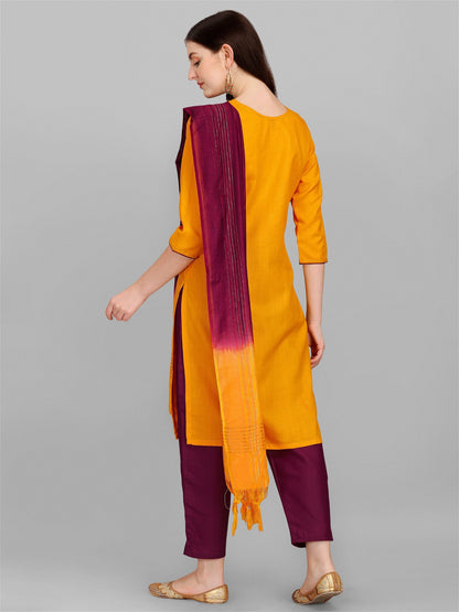 Yellow Colour Slub Cotton Embroidery Work Casual Wear Kurta Pant Dupatta Set For Women's