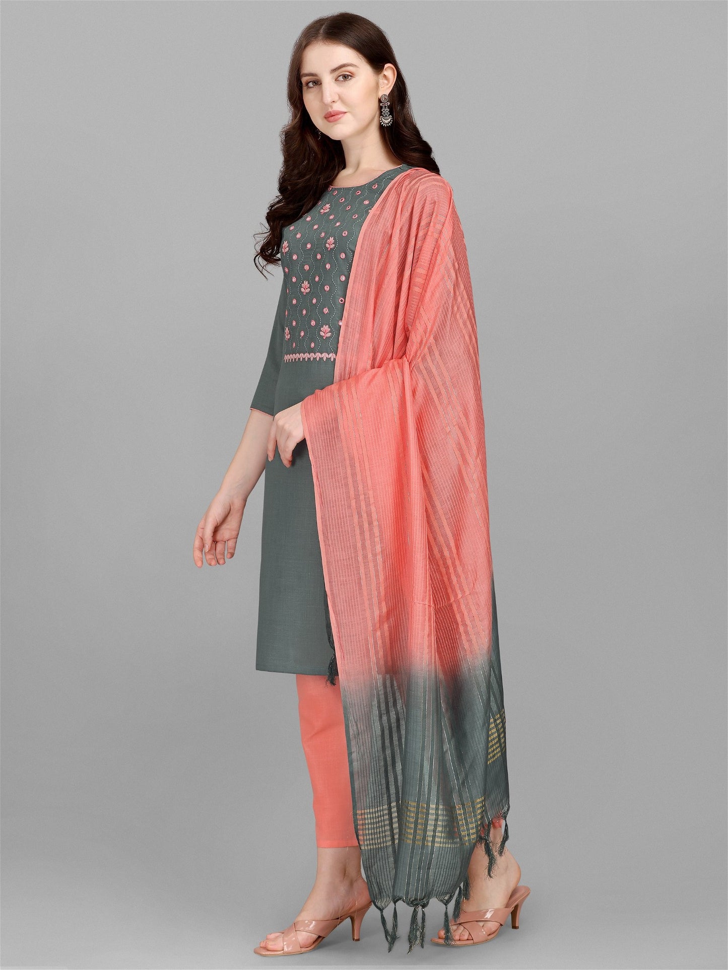 Grey Colour Slub Cotton Embroidery Work Casual Wear Kurta Pant Dupatta Set For Women's