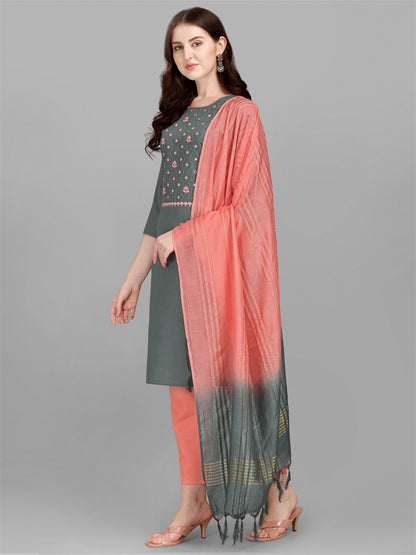 Grey Colour Slub Cotton Embroidery Work Casual Wear Kurta Pant Dupatta Set For Women's