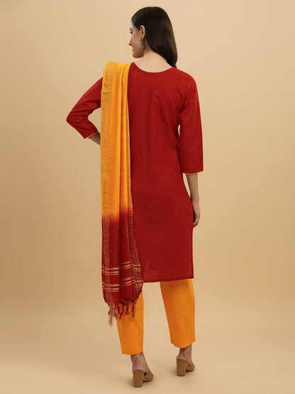 Maroon Colour Slub Cotton Embroidery Casual Wear Kurta Pant Dupatta Set For Women's