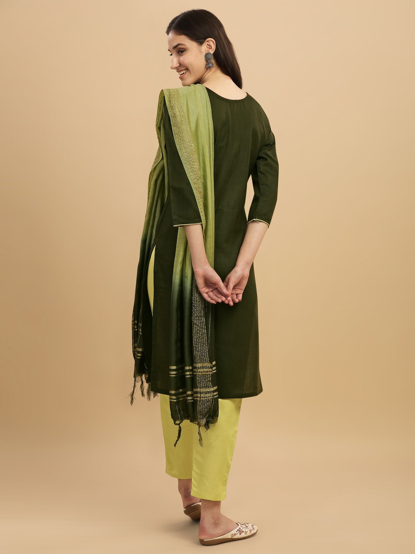 Green Colour Slub Cotton Embroidery Casual Wear Kurta Pant Dupatta Set For Women's
