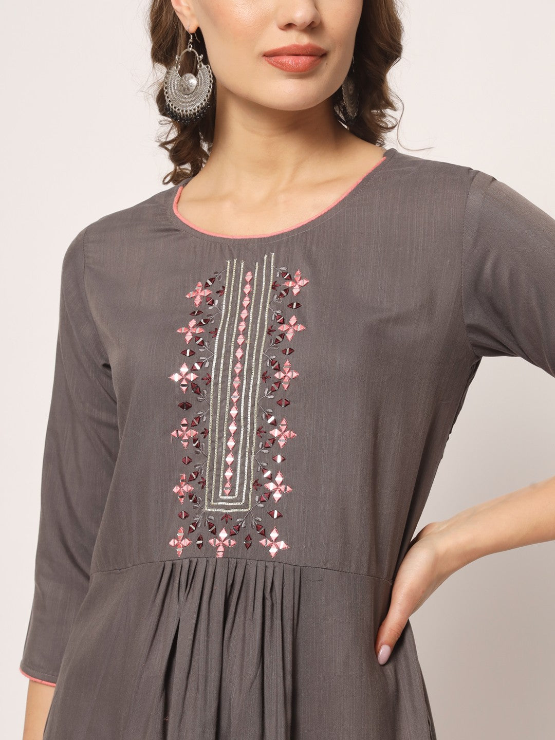 Grey Colour Reyon Embroidery With Mirror Casual Wear Kurta Pant Dupatta Set For Women's