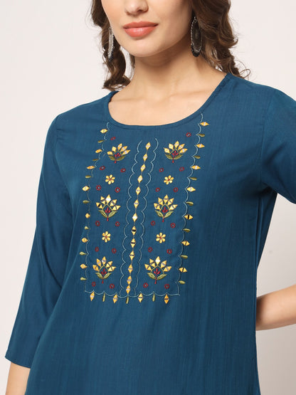 Blue Colour Reyon Embroidery With Mirror Casual Wear Kurta Pant Dupatta Set For Women's