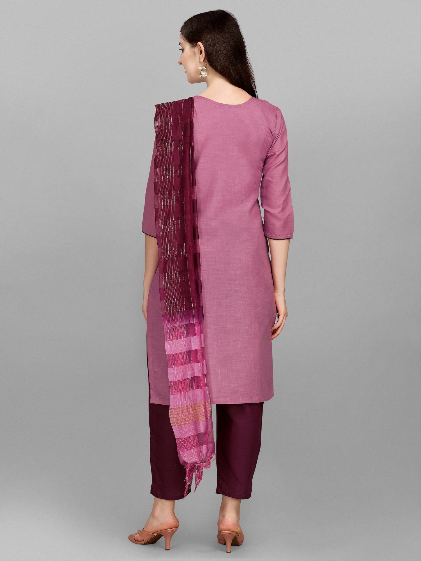 Purple Colour Slub Cotton Embroidery Kurta Pant Dupatta Set For Women's