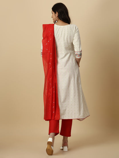 White Colour Pure Cotton Embroidery With Sequins Kurta Pant Dupatta Set For Women's