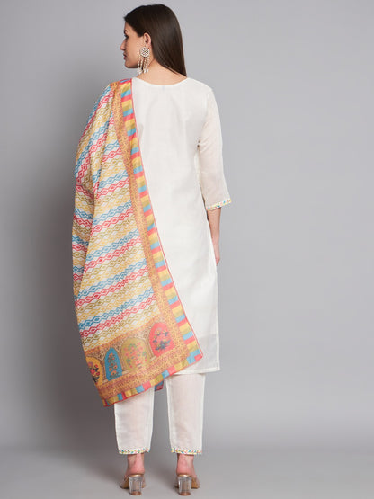 White Colour Cotton Silk Embroidery Sequins with Printed Kurta Pant Dupatta Set For Women's