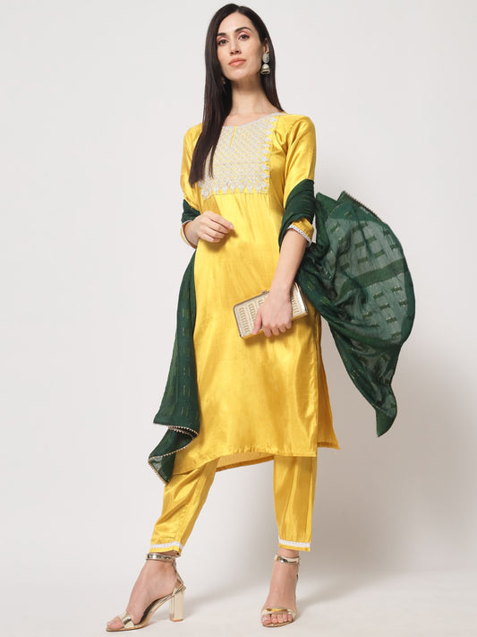 Lemon Colour South Silk Embroidery Work Casual Wear Kurta Pant Dupatta Set For Women's