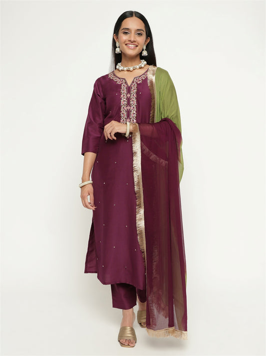 Wine Colour Blend Silk Embroidery Work Party Wear Kurta Pant Dupatta Set For Women's
